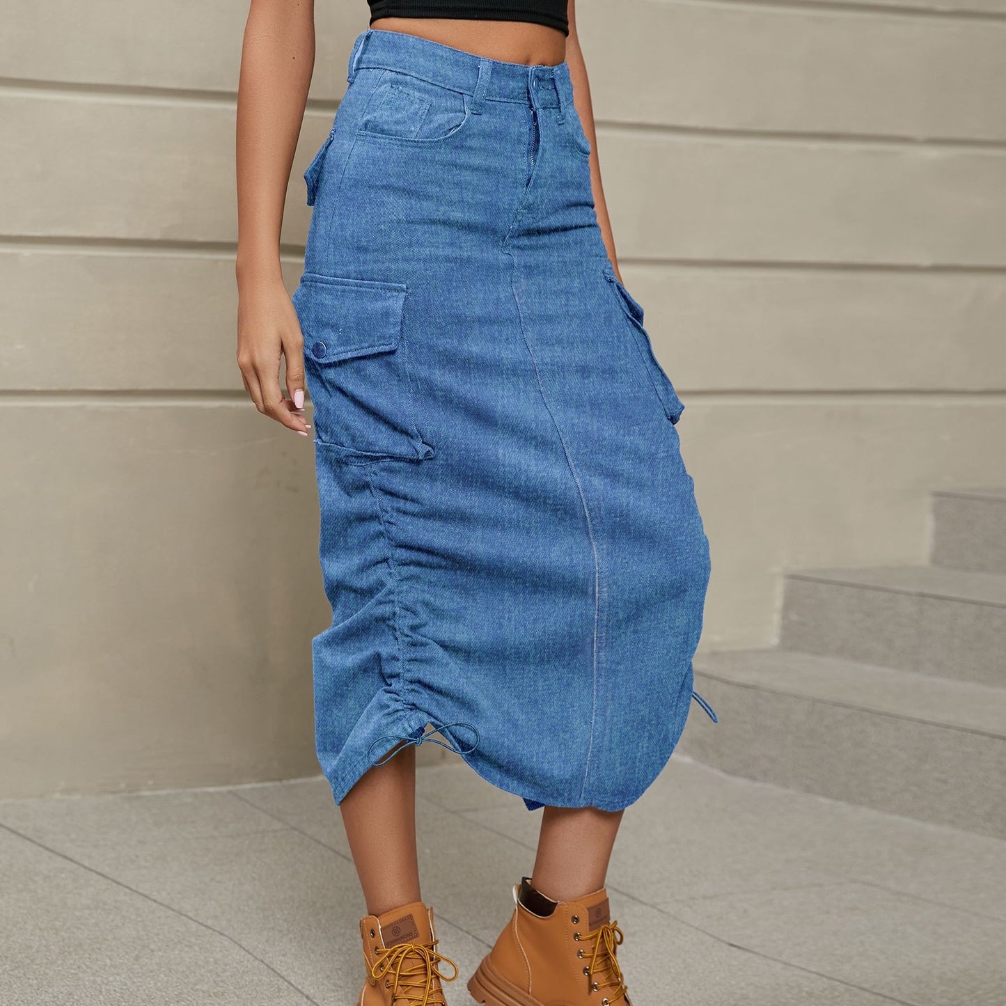 Drawstring Ruched Slit Denim Midi Skirt