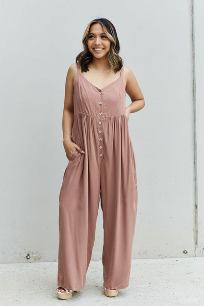 HEYSON All Day Full Size Wide Leg Button Down Jumpsuit in Mocha