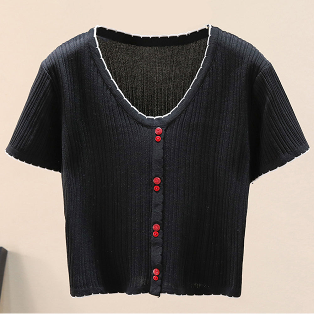 Contrast Decorative Button Short Sleeve Knit Top