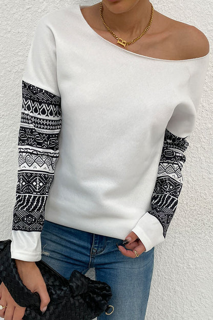 Boat Neck Long Printed Sleeve Blouse