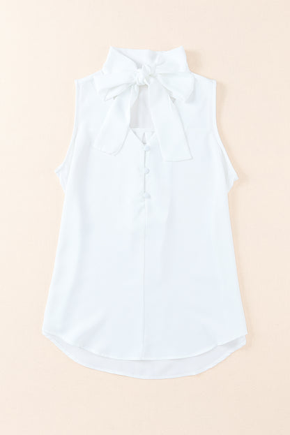 Tie Neck Buttoned Curved Hem Tank