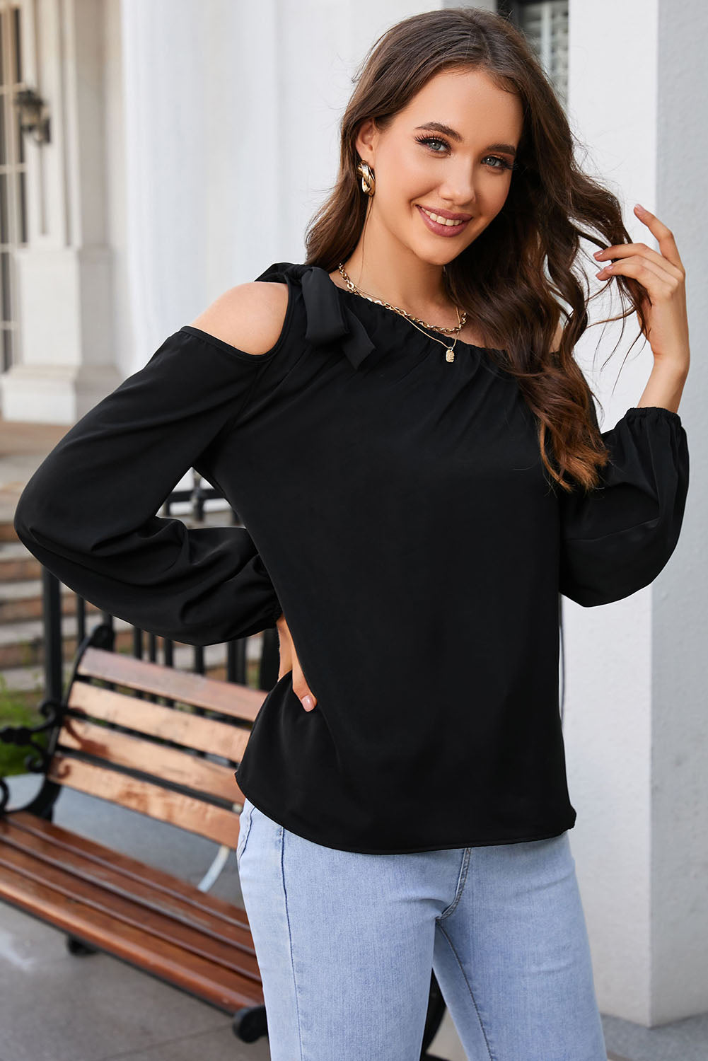 Tied Asymmetrical Neck Cold-Shoulder Blouse