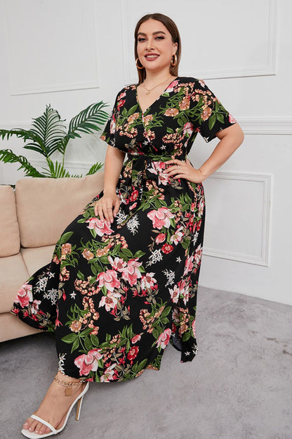 Plus Size Printed Surplice Short Sleeve Maxi Dress