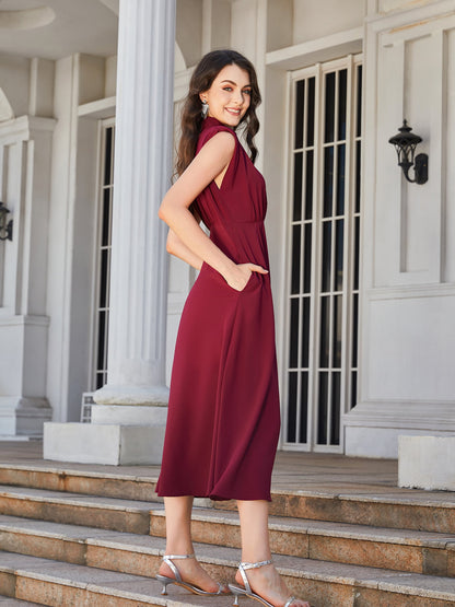 Ruched Mock Neck Cap Sleeve Midi Dress