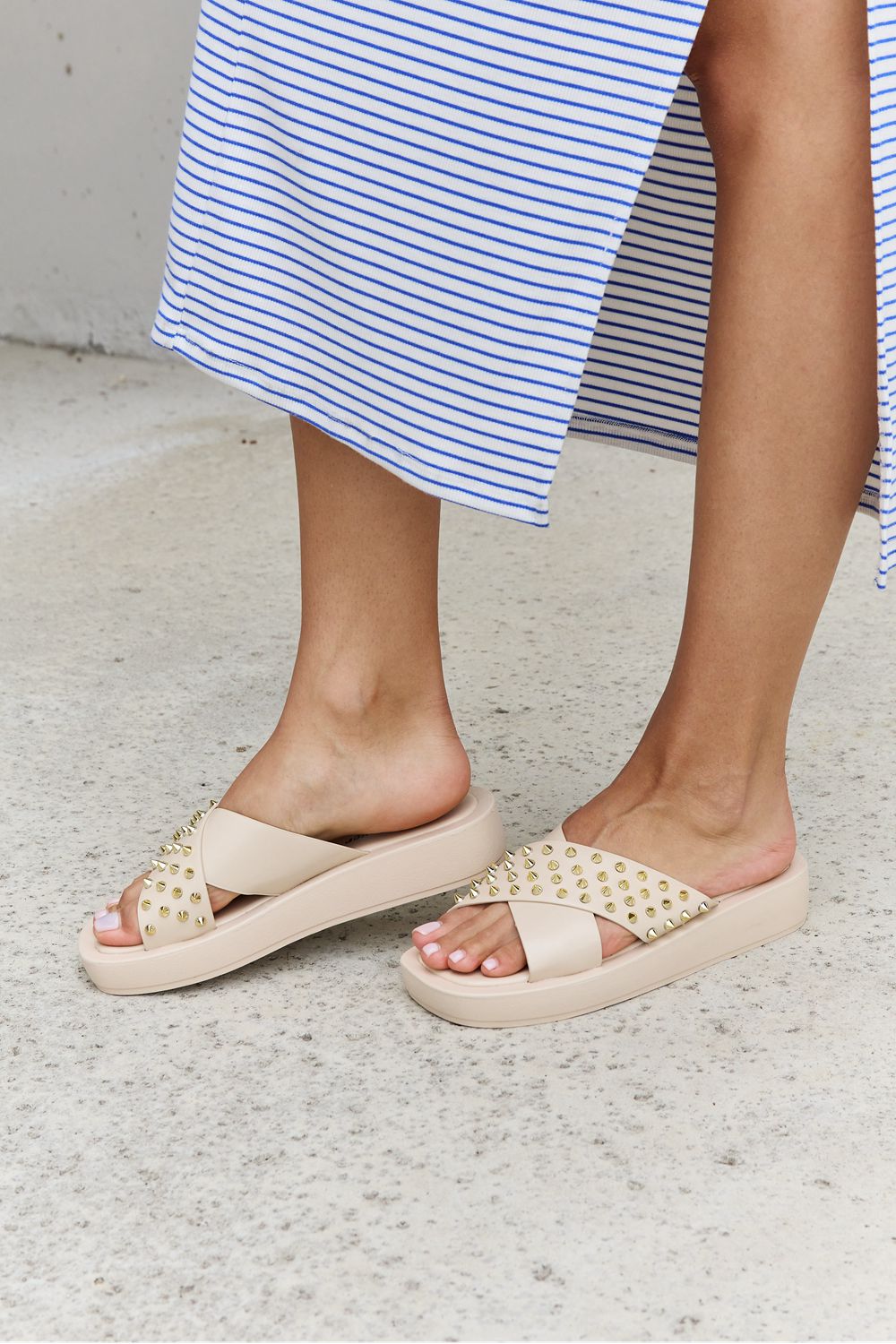 Forever Link Studded Cross Strap Sandals in Cream