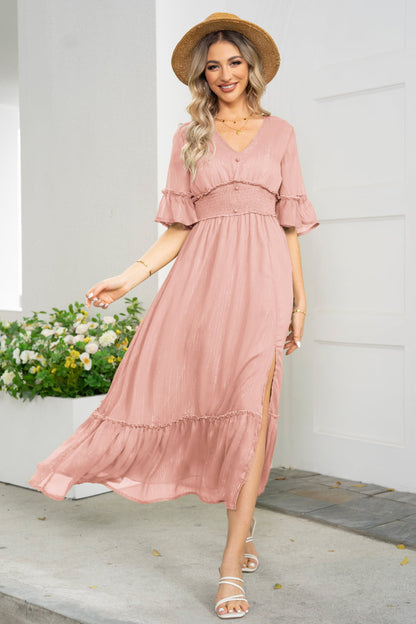 V-Neck Flounce Sleeve Smocked Waist High Slit Dress