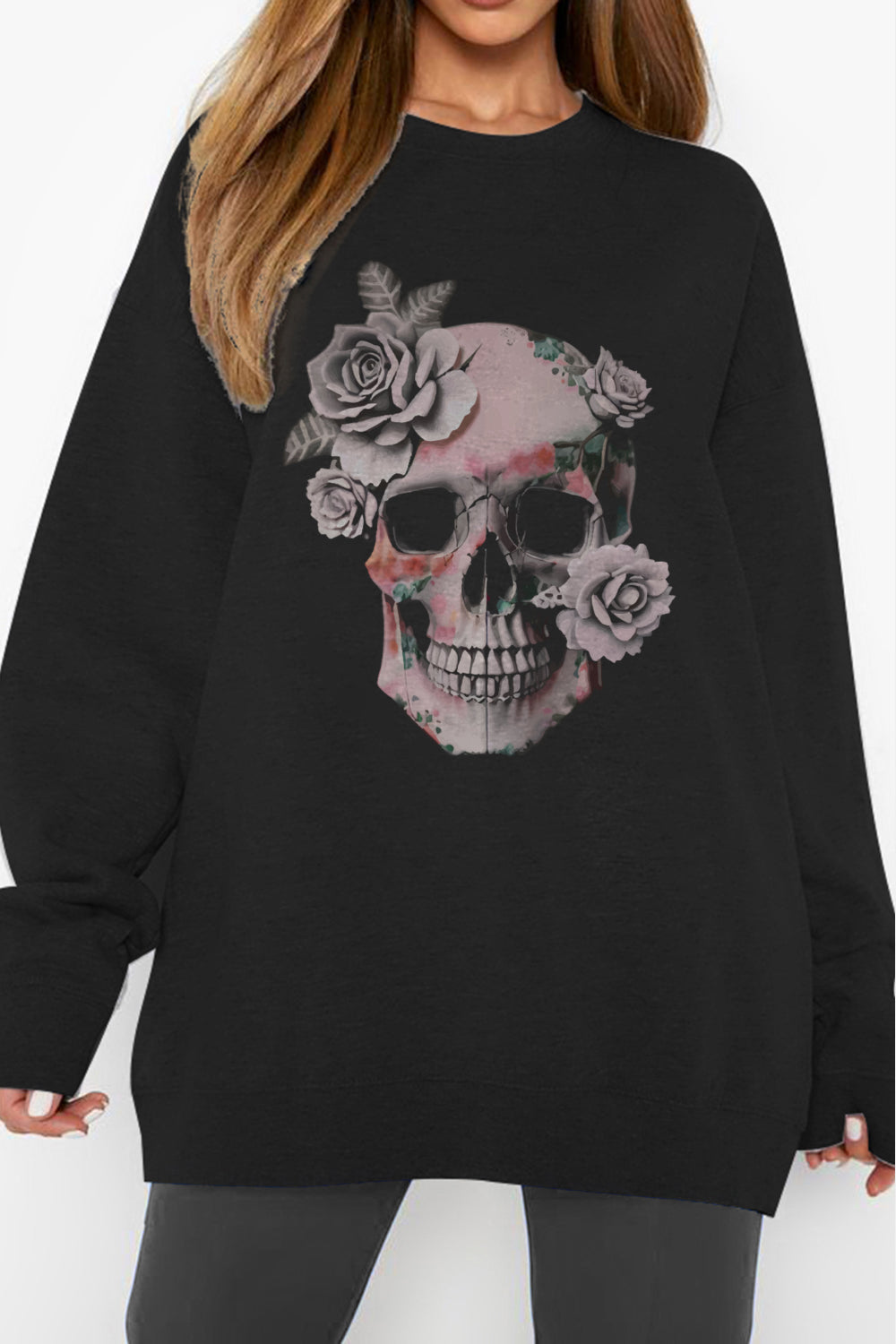 Simply Love Full Size Dropped Shoulder SKULL Graphic Sweatshirt