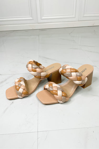 SODA Interwoven Ideas Braided Strap Block Heel Slide Sandal in Nude