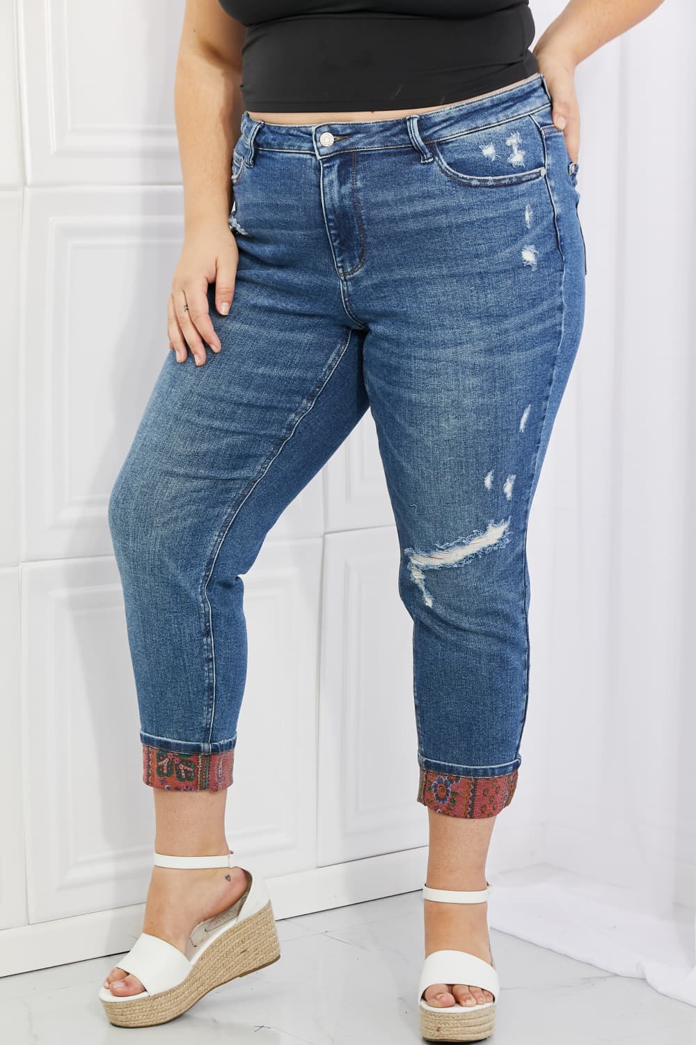 Judy Blue Gina Full Size Mid Rise Paisley Patch Cuff Boyfriend Jeans