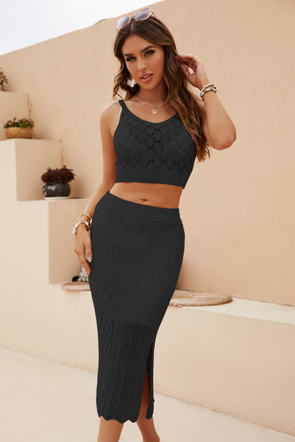 Openwork Cropped Tank and Split Skirt Set