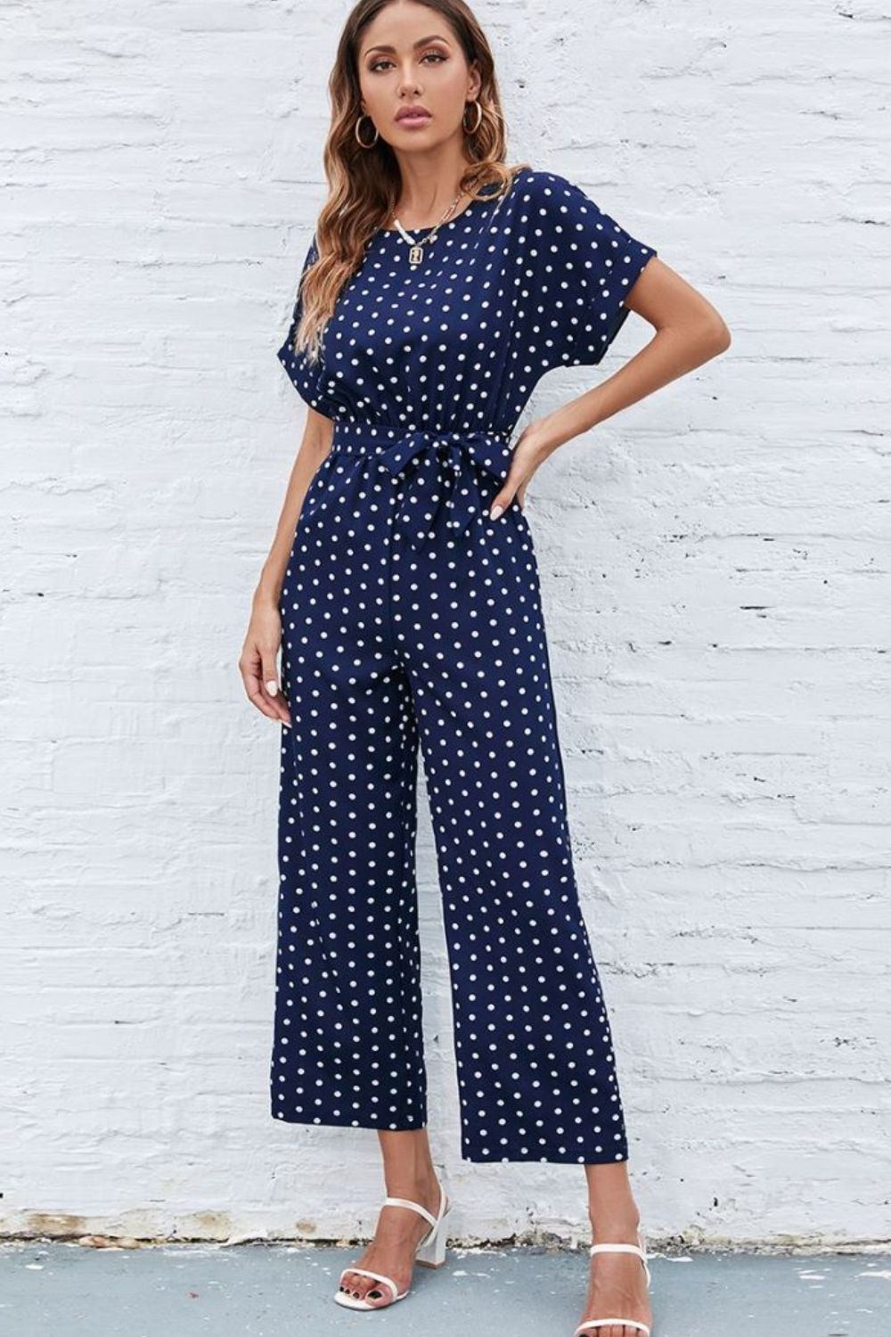 Polka Dot Round Neck Cutout Jumpsuit