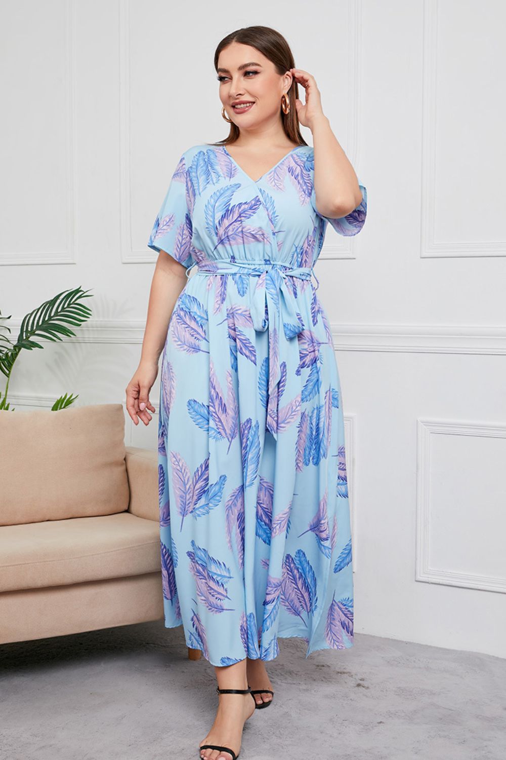 Plus Size Printed Surplice Short Sleeve Maxi Dress