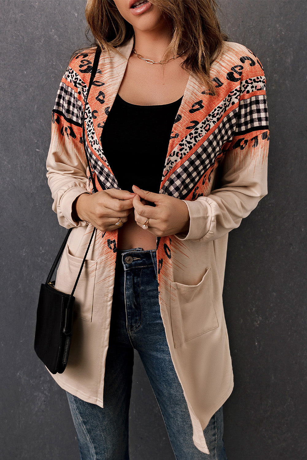 Leopard Plaid Open Front Longline Cardigan with Pockets