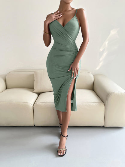 Spaghetti Strap Surplice Neck Slit Dress