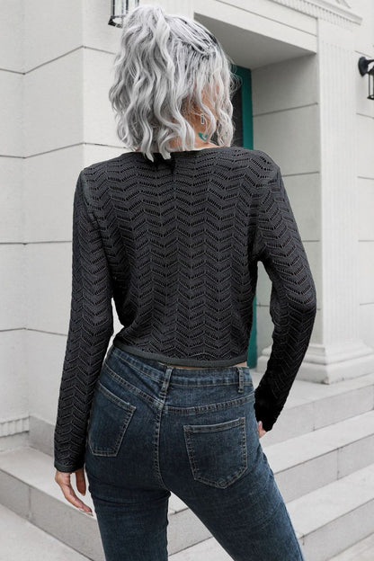 Drawstring V-Neck Long Sleeve Knit Top