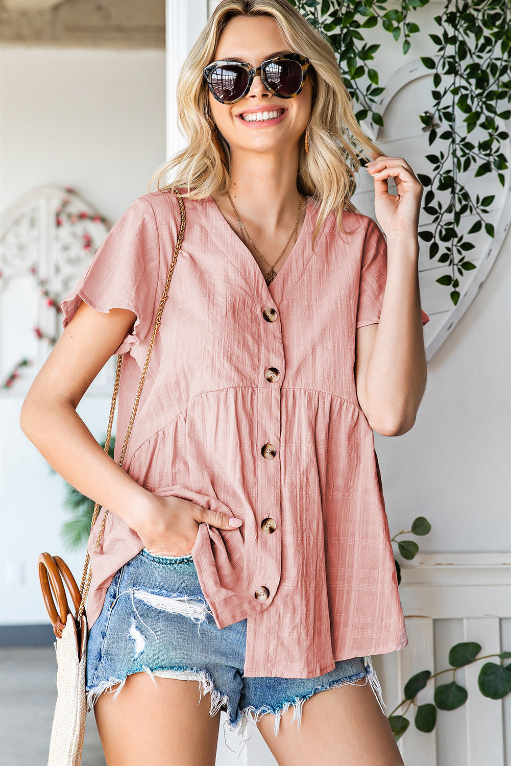 Button Down V-Neck Short Sleeve Shirt