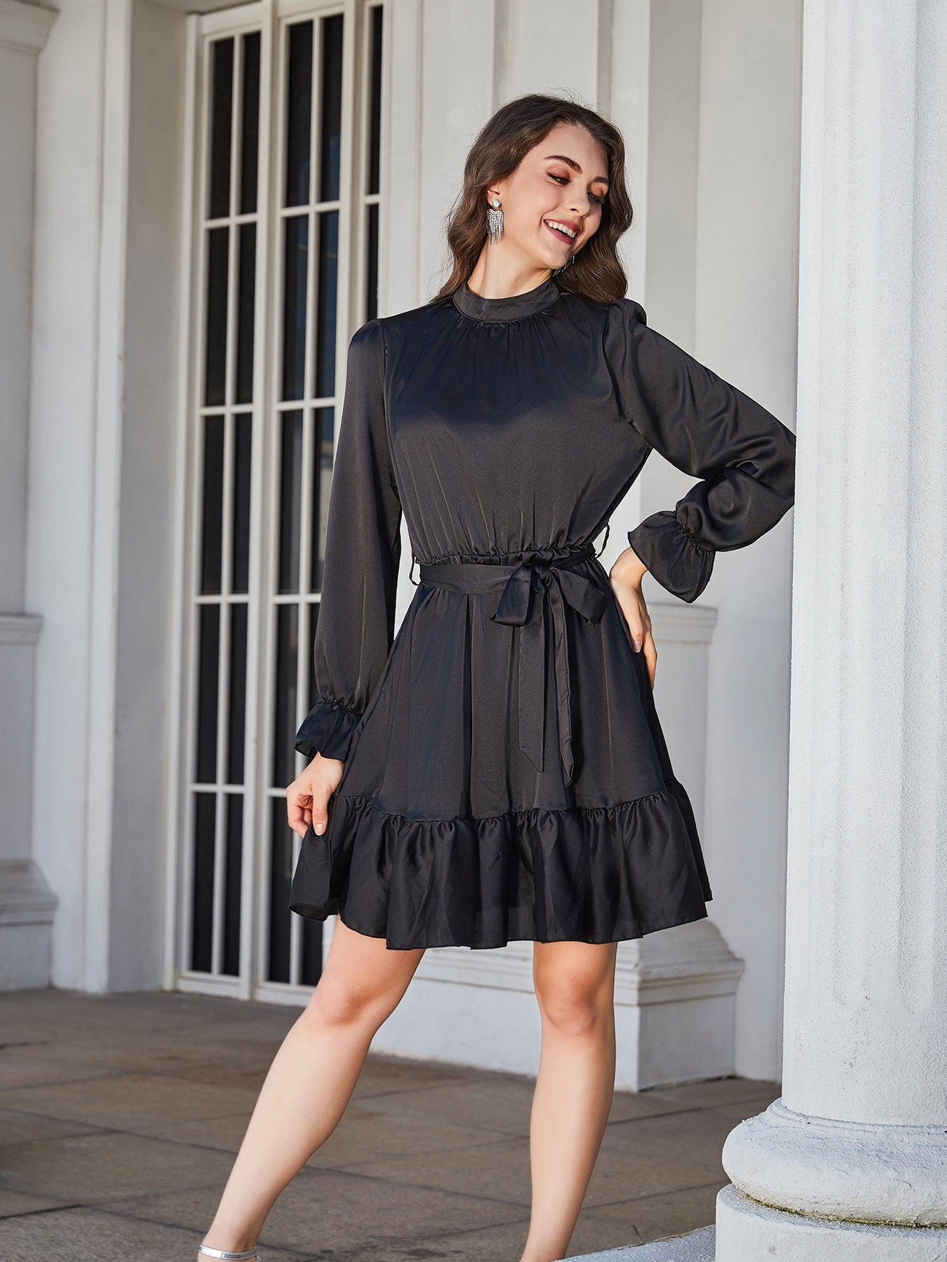 Ruffle Hem Tie Belt Mock Neck Knee Length Dress