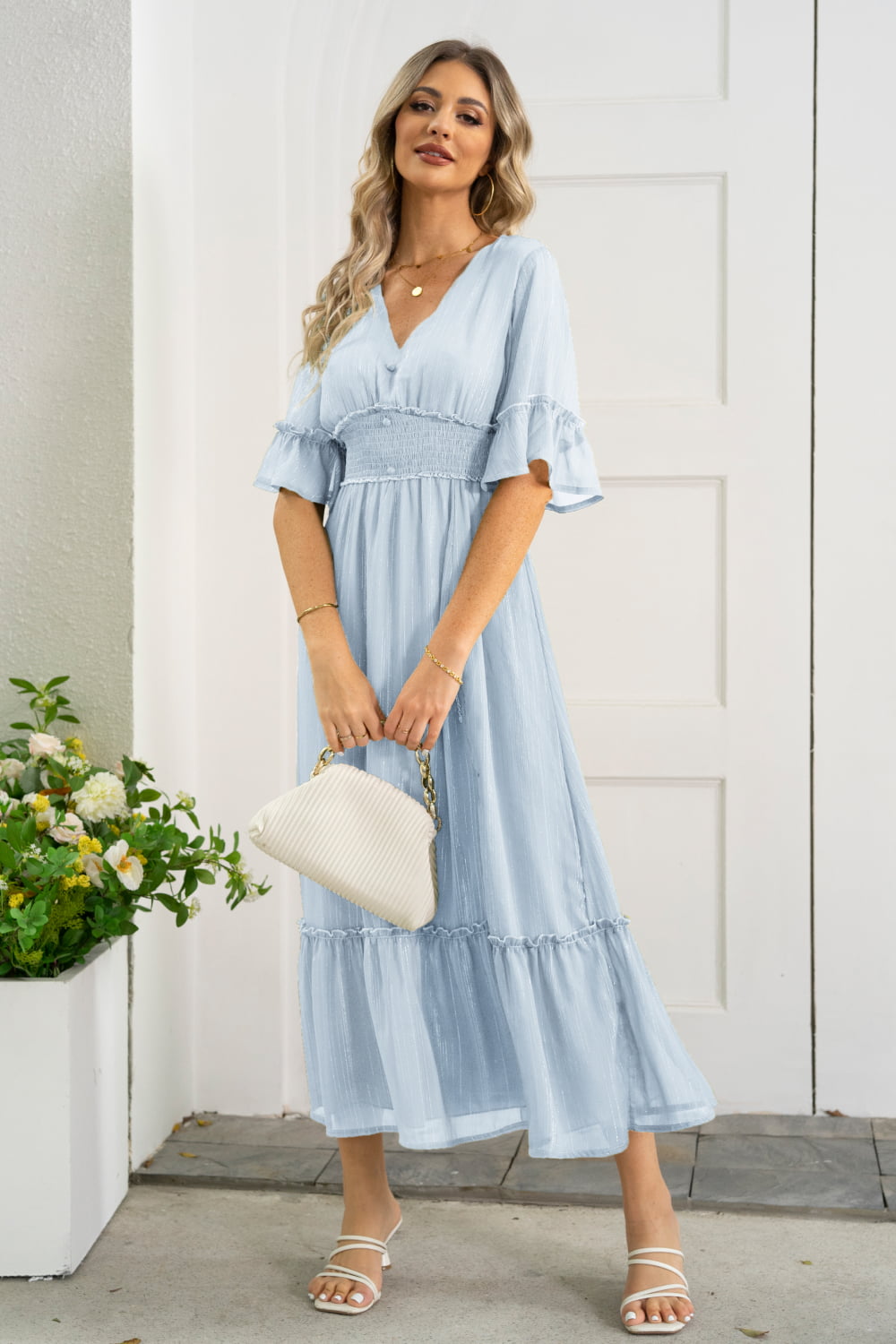 V-Neck Flounce Sleeve Smocked Waist High Slit Dress