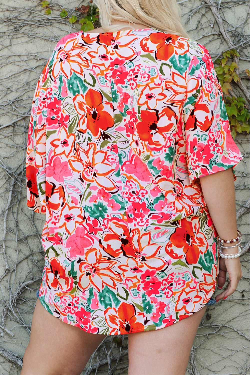 Plus Size Floral V-Neck Half Sleeve Shirt