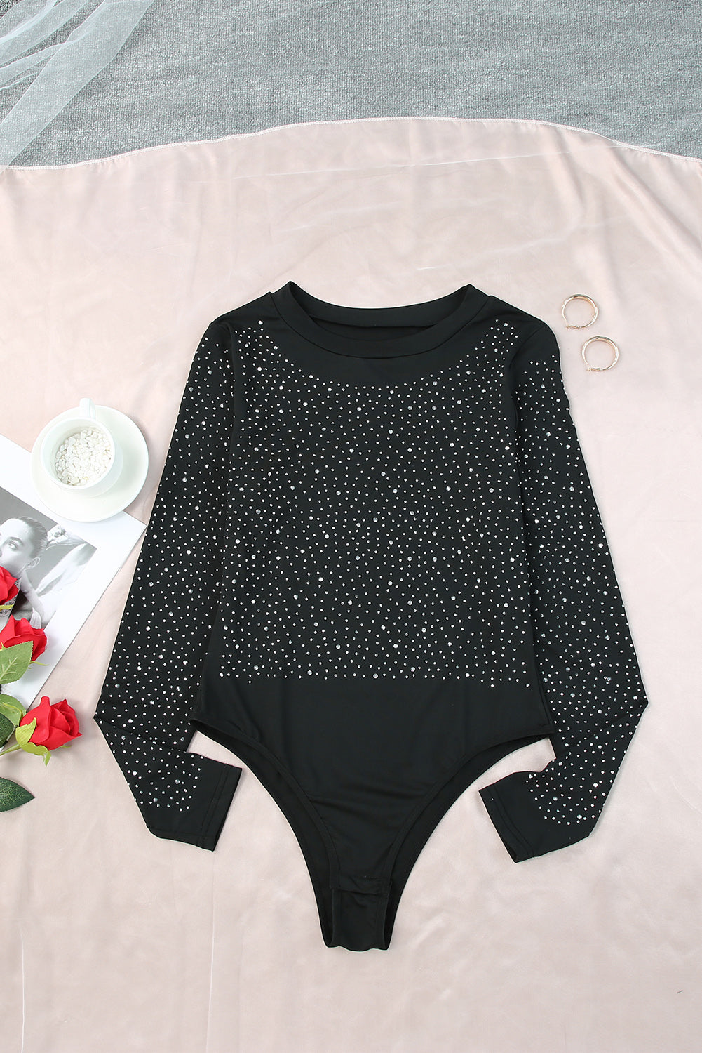 Rhinestone Round Neck Long Sleeve Bodysuit