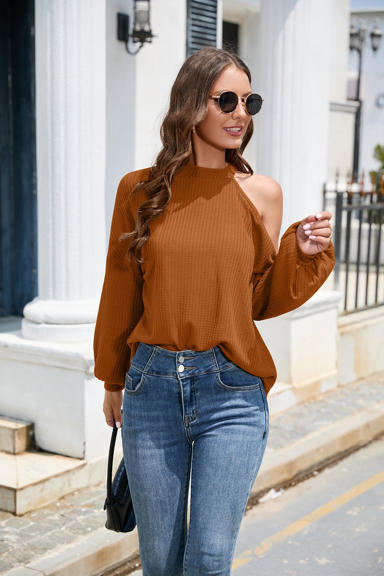 Asyemmetrial Lantern Sleeve Waffle-knit Blouse