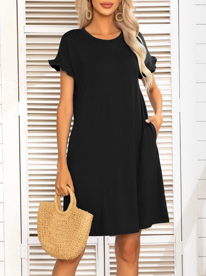 Round Neck Flounce Sleeve Dress with Pockets