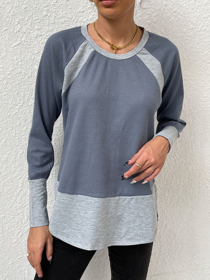 Waffle-Knit Round Neck Raglan Sleeve Tee