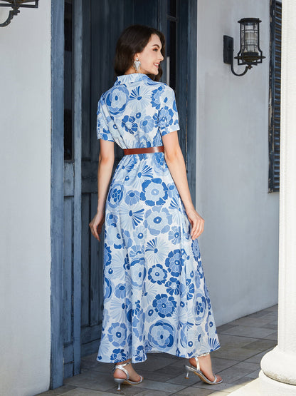 Floral Print Lapel Collar Short Sleeve Maxi Dress