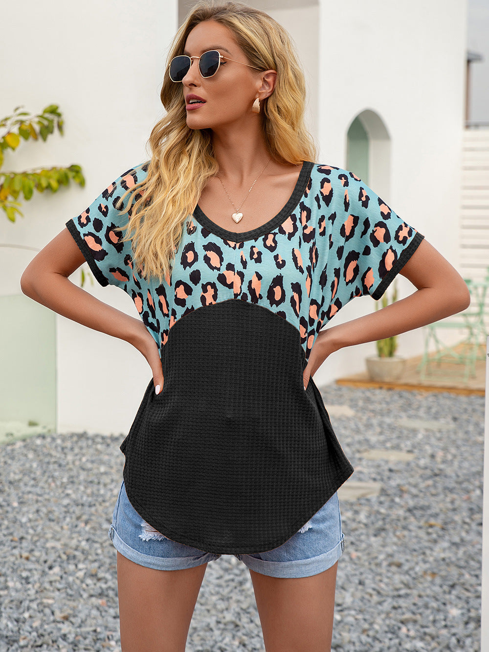 Leopard Waffle-Knit Short Sleeve Top