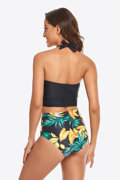 Botanical Print Halter Neck Drawstring Detail Bikini Set