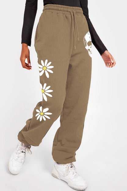 Simply Love Full Size Drawstring Flower & Skull Graphic Long Sweatpants