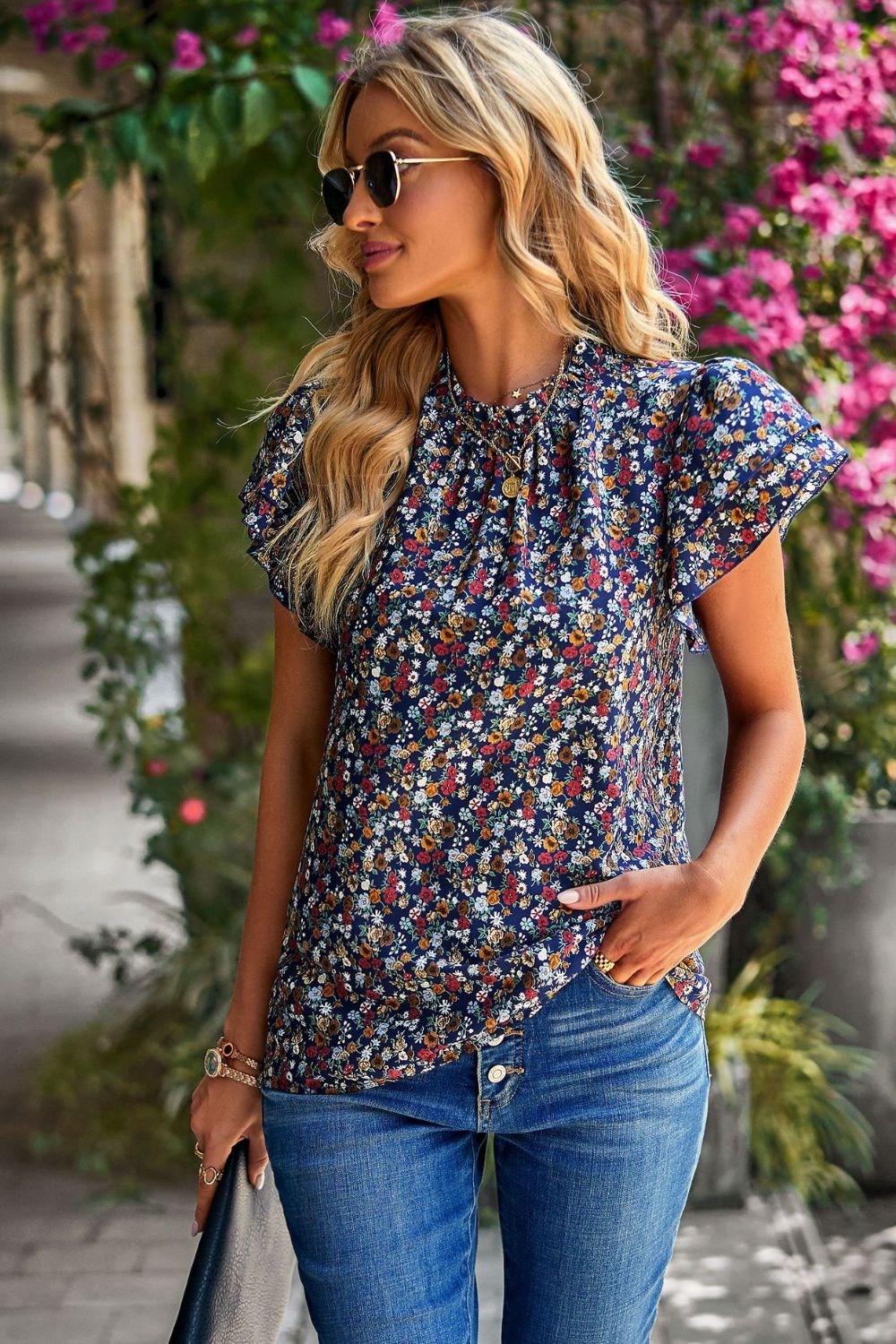 Floral Round Neck Flutter Sleeve Blouse