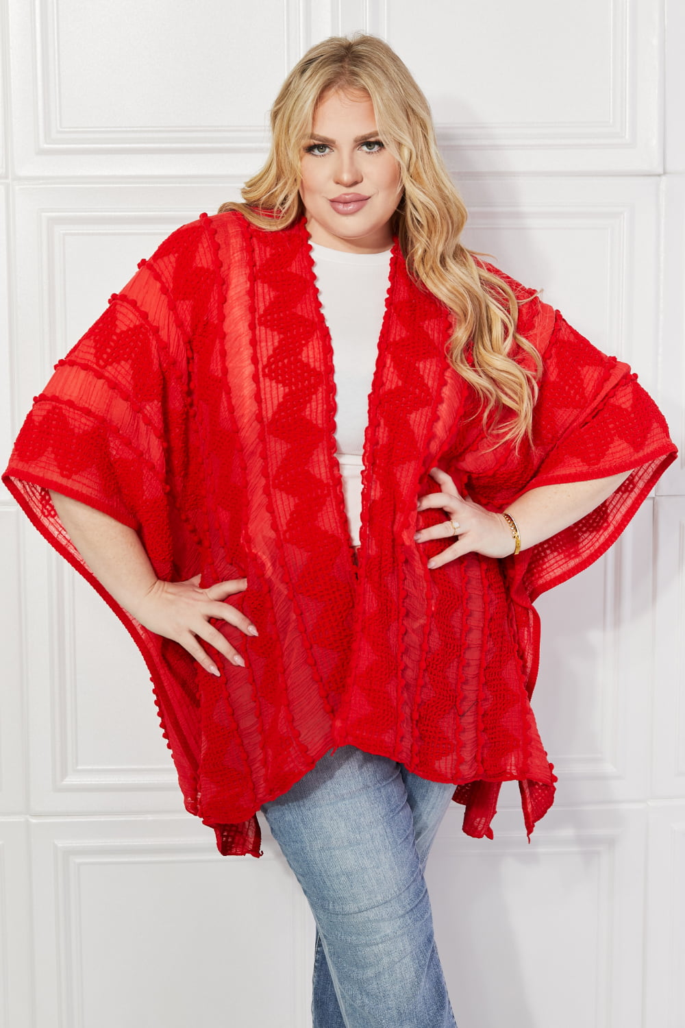 Justin Taylor Pom-Pom Asymmetrical Poncho Cardigan in Red