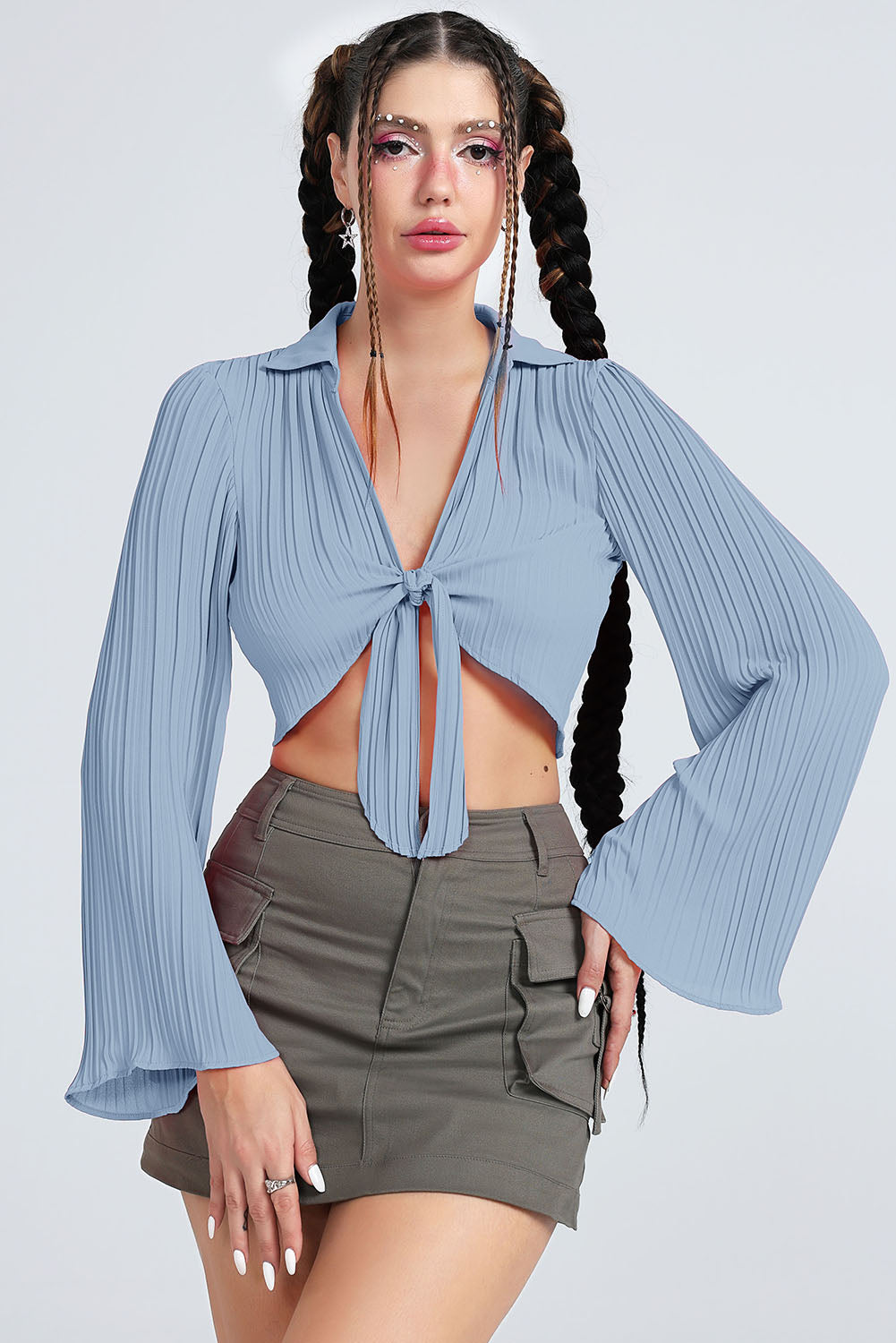 Tie Front Johnny Collar Flare Sleeve Cropped Top