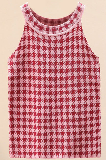 Plaid Round Neck Sleeveless Knit Top