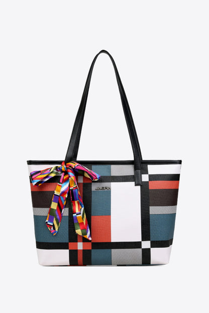 Color Block Tie Detail PU Leather Tote Bag