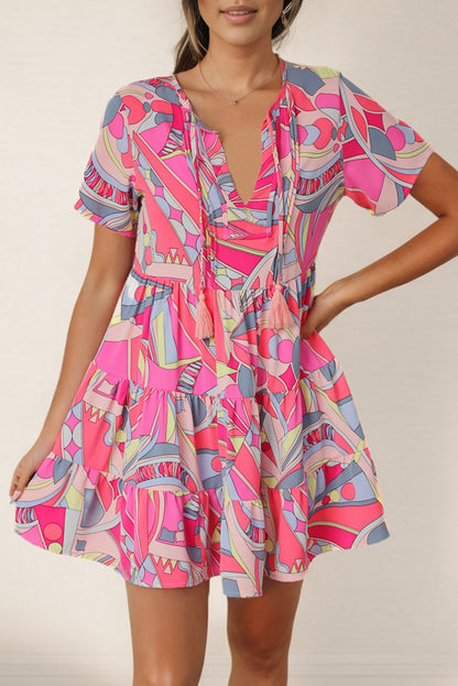 Multicolored Tie Neck Short Sleeve Tiered Dress