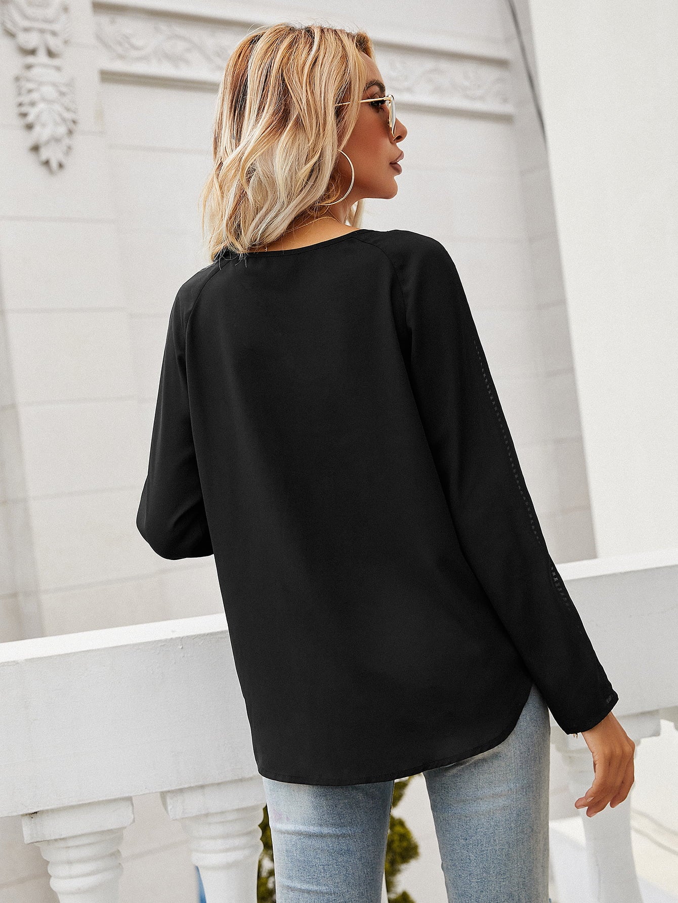 Tie Neck Long Sleeve Semi-Sheer Blouse