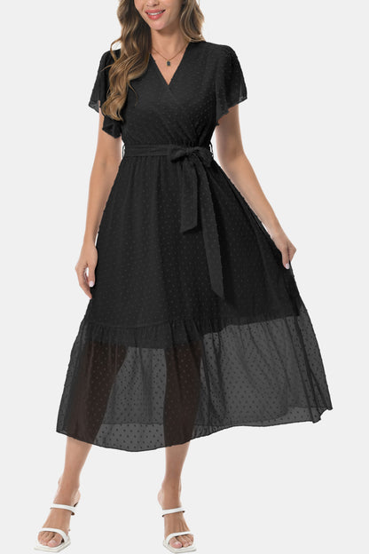 Surplice Neck Flutter Sleeve Tied Dress