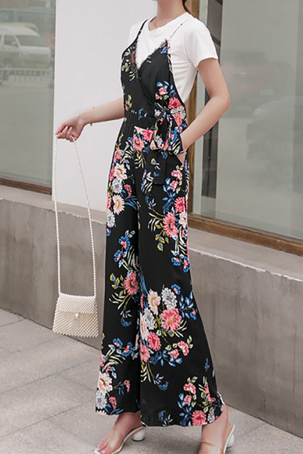 Floral Spaghetti Strap Wide Leg Jumpsuit with Pockets