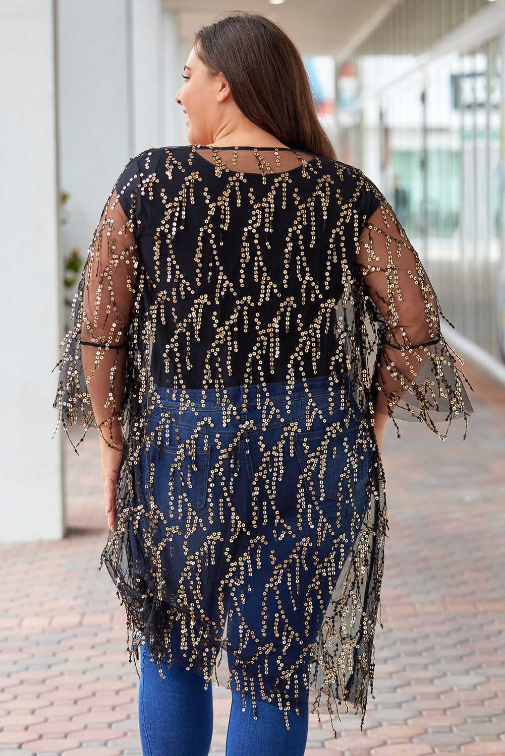 Plus Size Contrast Sequin Sheer Mesh Cardigan