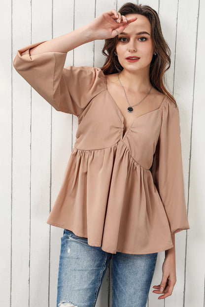 Tie Back Smocked Long Sleeve Babydoll Blouse