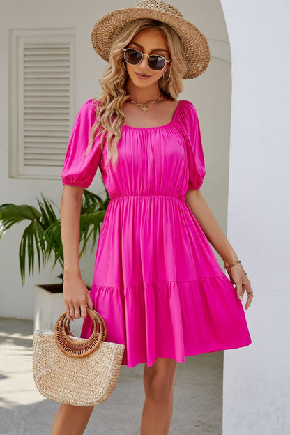 Ruched Square Neck Puff Sleeve Mini Dress