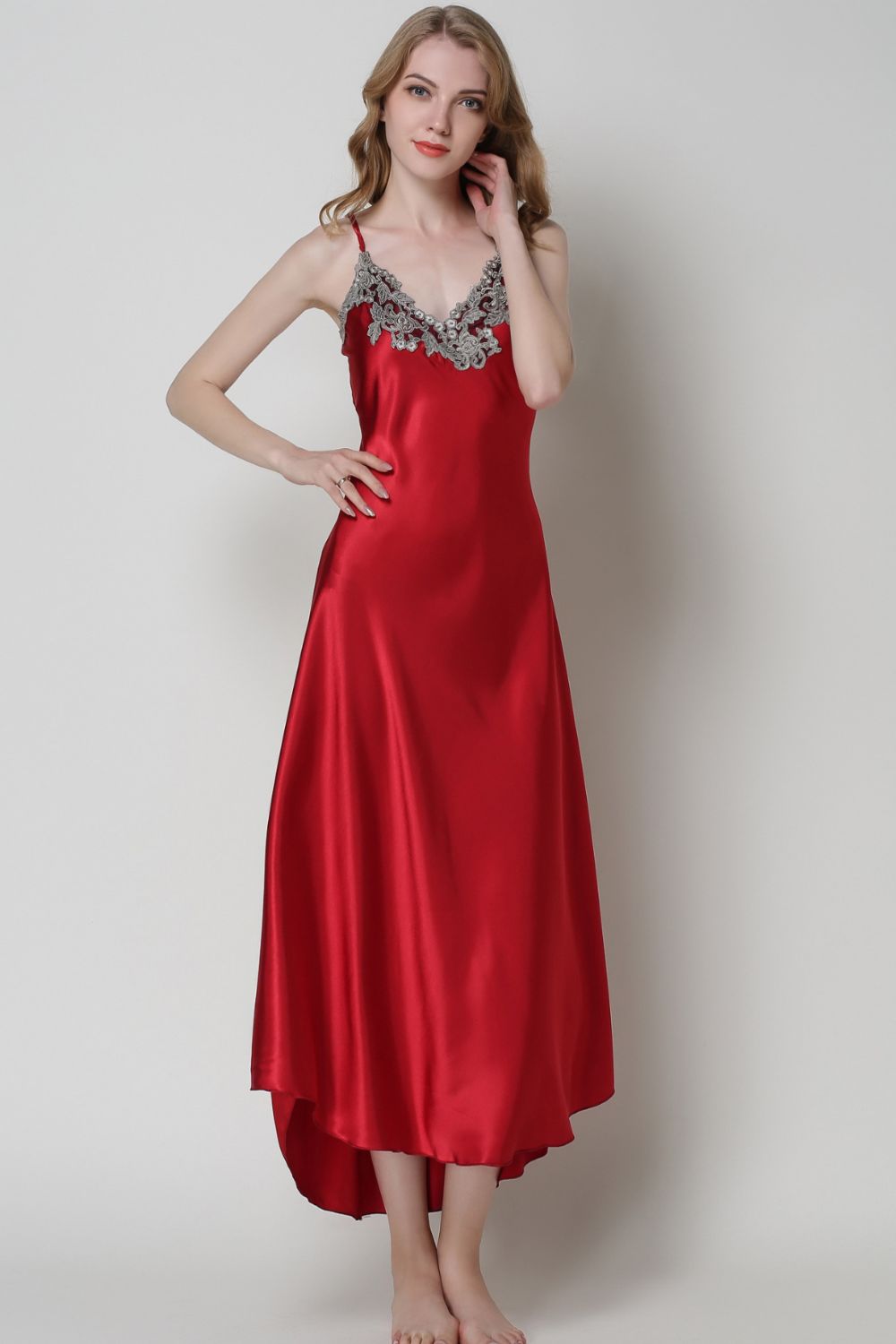 Full Size Lace Trim V-Neck Spaghetti Strap Satin Night Dress