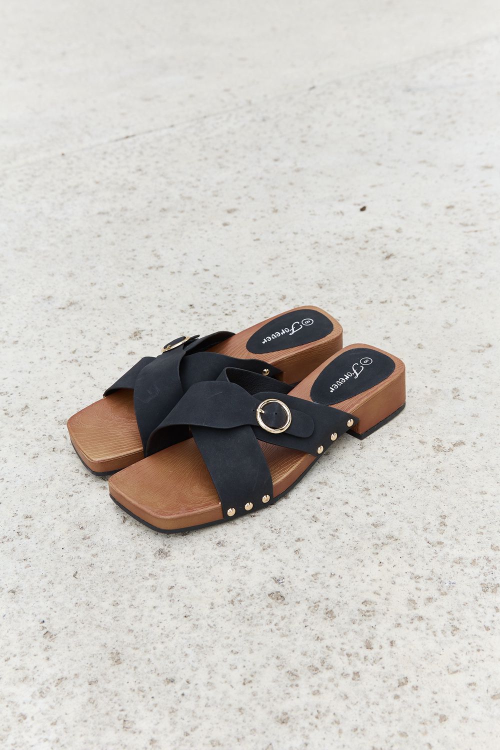 Forever Link Square Toe Cross Strap Buckle Clog Sandal in Black