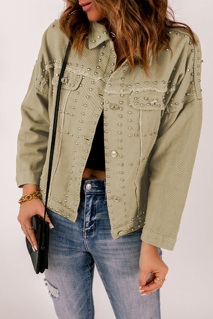 Frayed Trim Rivet Denim Jacket