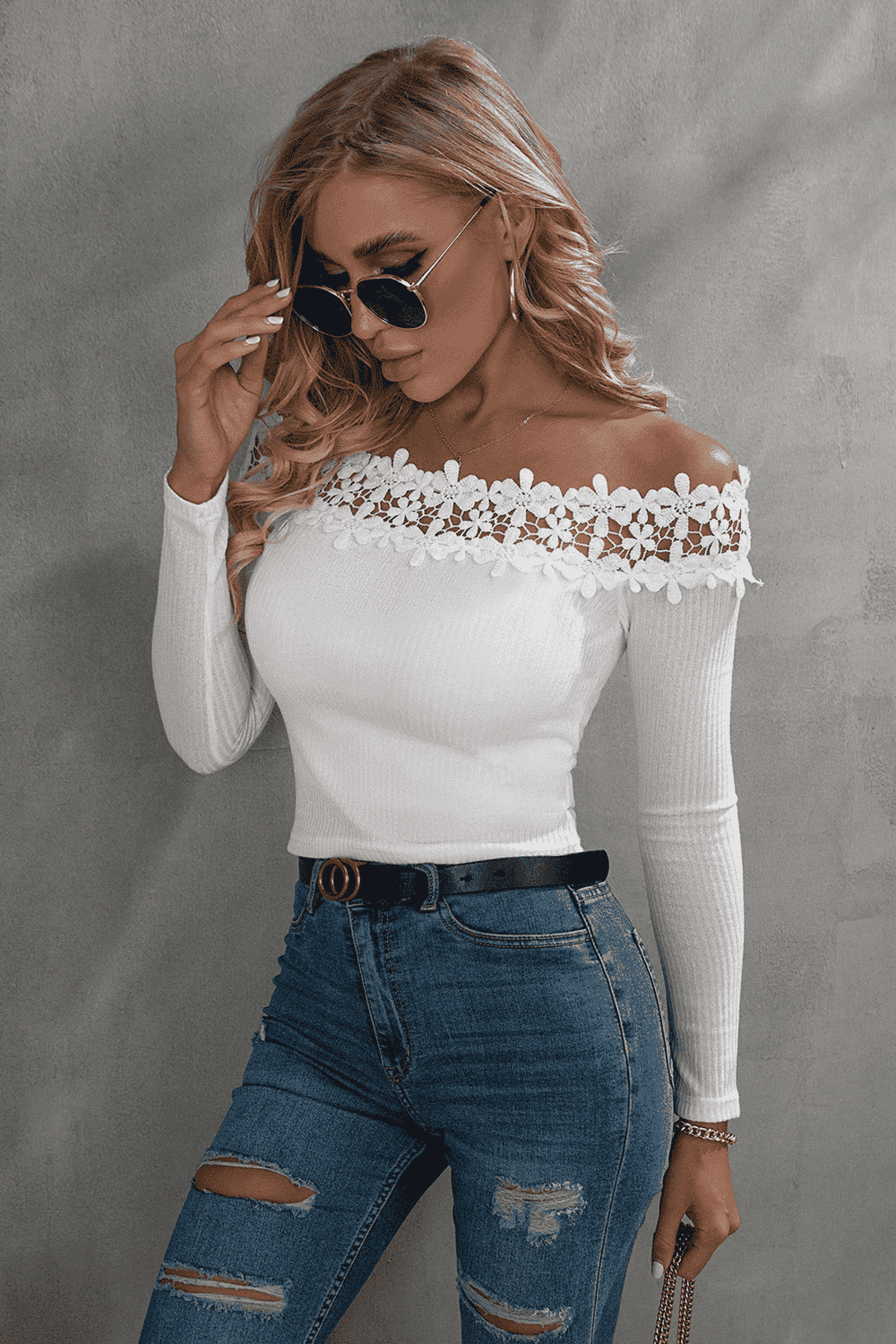 Off-Shoulder Lace Trim Ribbed Tee