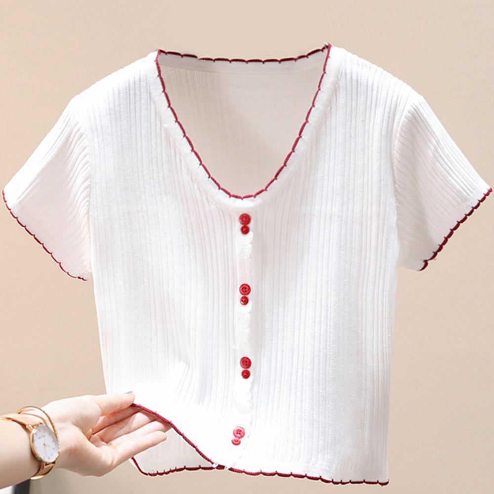 Contrast Decorative Button Short Sleeve Knit Top