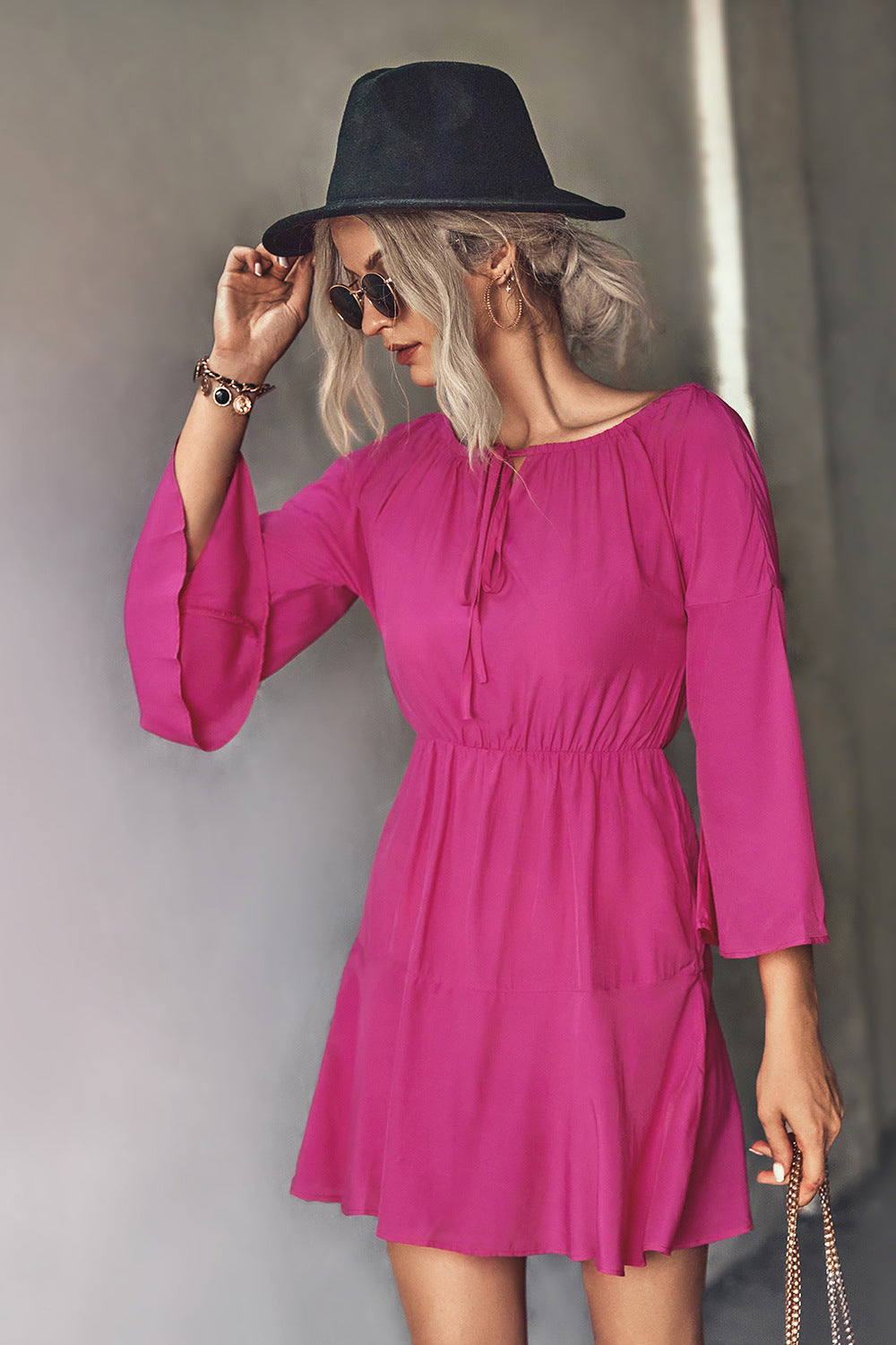 Tie Neck Flare Sleeve Mini Dress