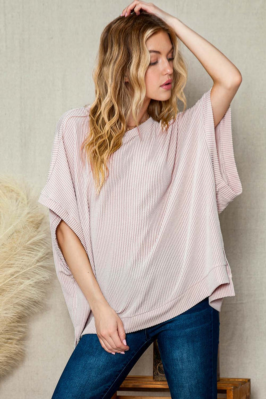 Full Size Round Neck Ribbed Slit Tunic Top